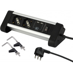 Alargue de Escritorio Aluminio multi enchufe  2 Tomas + 2 USB  2MTS Cable Electraline ELECTRALINE